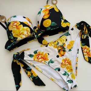 Yellow Rose Print RIVER ISLAND Floral Bikini Top & Buttom (US 6 / UK 10)